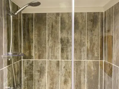 a shower with a shower head in a bathroom at Danika East in Threlkeld
