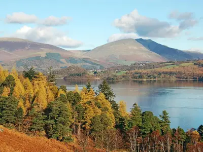a view of a lake with trees and mountains at Danika East in Threlkeld