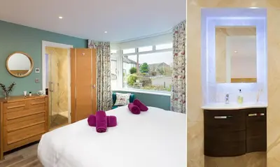 a bedroom with a bed and a sink and a mirror at Fell View in Keswick