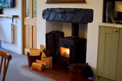 a wood stove in a living room with logs at Bottom Shop, Elterwater in Chapel Stile