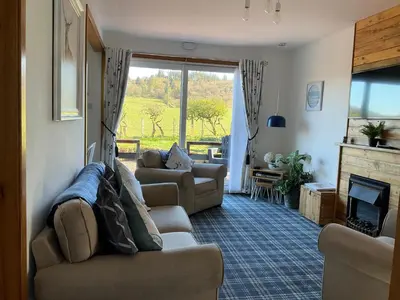 a living room with a couch and a fireplace at Heron Lodge, edge of Mabie Forest Dumfries in Dumfries