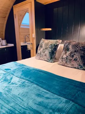 a bedroom with a bed with blue sheets and pillows at Thistle Pod Farm Stay with Hottub Sleeps 2 in Galston