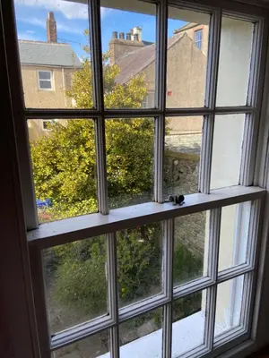 a window with a view of a tree at Robinsons Cottage, central and quiet in Cockermouth