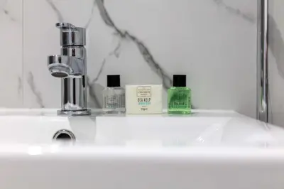 a bathroom sink with two bottles of mouthwash and a mirror at Main Street View - Donnini Apartments in Prestwick