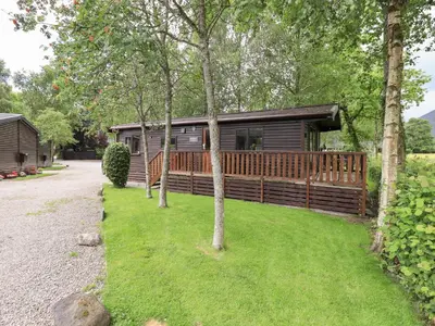 a cabin in the woods with a green yard at Squirrels Leap in Keswick
