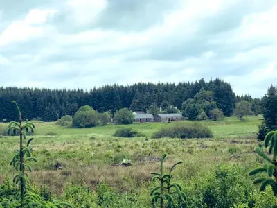 a large field with a house in the distance at Maberry Cottage in Bargrennan
