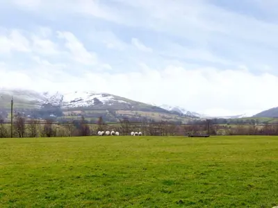 a group of animals grazing in a field with a mountain at 2 Mellfell View in Penrith
