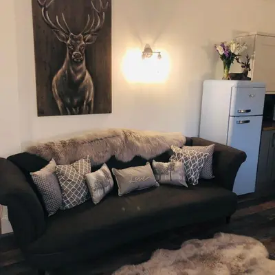 a couch with pillows on it in a living room at The Coop in Castle Douglas