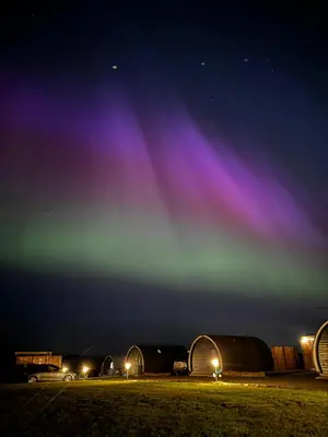 a group of domes with the aurora in the sky at Timber Valley Pods in Galston