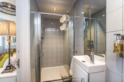 a bathroom with a shower and a toilet and a sink at 9 The Townhouse in Keswick