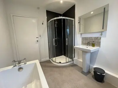 a bathroom with a shower and a sink at Causey View in Braithwaite