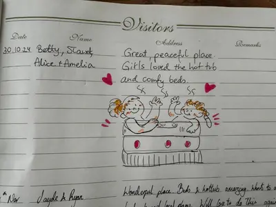 a notebook with a drawing of two people in the tub at A and C Lodge Plot 21 2 double bedrooms PLOT 21 With HOT TUB 1 pet only No Commercial Vans 4pm check in in High Hesket