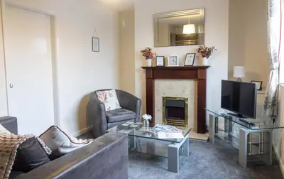 a living room with a couch and a fireplace at Adrian House, near Hospital, easy parking + garden in Carlisle