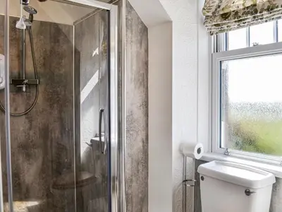 a bathroom with a shower and a toilet and a window at Repentance View in Carrutherstown