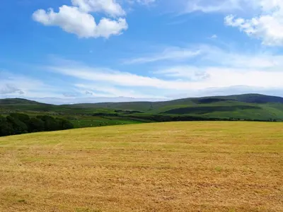a large field of grass with hills in the background at Shepherds Cottage in Corney