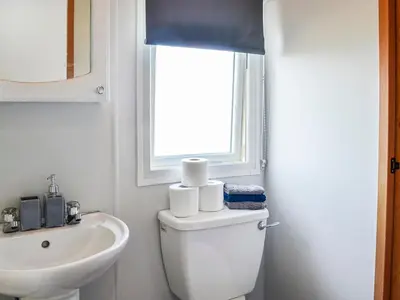 a bathroom with a toilet and a sink and a window at The Seaview Retreat - Uk35883 in Broughton Mains