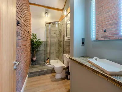a bathroom with a toilet and a shower and a sink at The Barnacle Goose - Uk35261 in Bowness-on-Solway