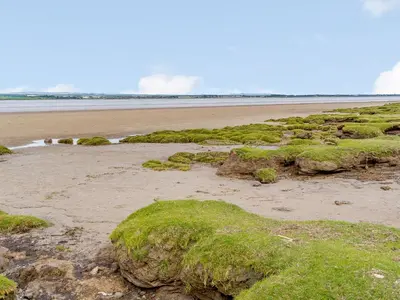 a sandy beach with green grass and a body of water at The Barnacle Goose - Uk35261 in Bowness-on-Solway