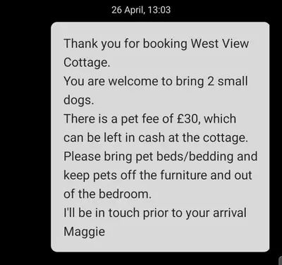 a screenshot of a text message about a bag of garbage at West View Cottage in Seaside Village of Allonby Cumbria in Allonby