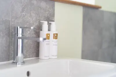 two bottles ofodorizers are sitting on a bathroom sink at Grasmere Cottage with Stunnng Views by LetMeStay in Ambleside