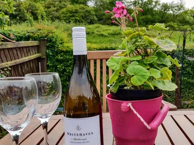 a bottle of wine and a potted plant on a table at Catbells in Arlecdon