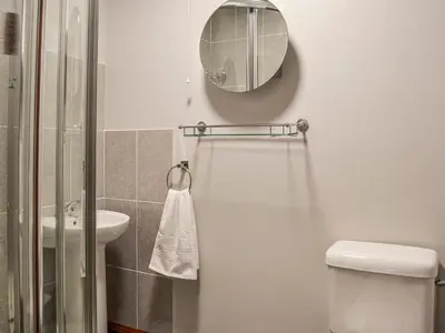 a bathroom with a shower and a toilet and a mirror at Ellerton Croft in Wreay