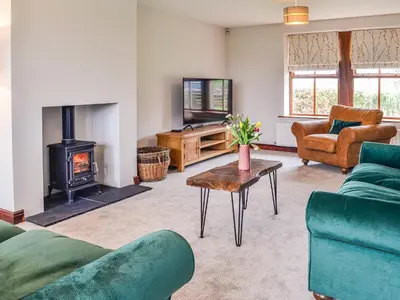 a living room with green furniture and a fireplace at Ellerton Croft in Wreay