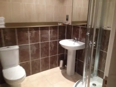 a bathroom with a toilet and a sink and a shower at Dumfries Arms Hotel in Cumnock