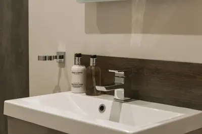 a bathroom sink with a bottle of soap and a mirror at Highside Farm in Bassenthwaite
