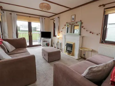 a living room with a couch and a fireplace at Roe Deer Lodge in Newton Stewart