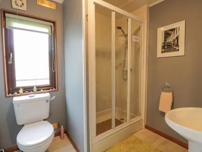 a bathroom with a shower and a toilet and a sink at Roe Deer Lodge in Newton Stewart
