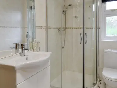 a bathroom with a shower and a sink and a toilet at Drumwherry By The Sea in Monreith