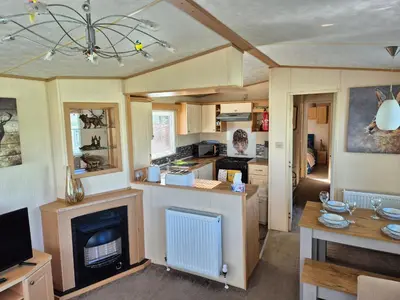 a living room with a kitchen with a fireplace at 24 The Beeches Caravan Park in Gilcrux