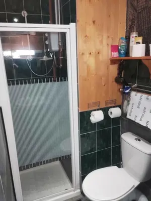 a bathroom with a toilet and a glass shower at All Seasons Guesthouse in Douglas