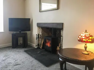 a living room with a fireplace and a television at Brae Cottage in Whithorn