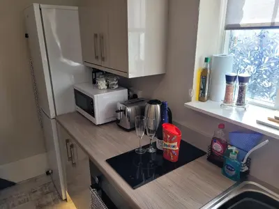 a kitchen with a counter with a microwave and a refrigerator at Carlisle Central, Cute Studio Appt, The Cupboard in Carlisle