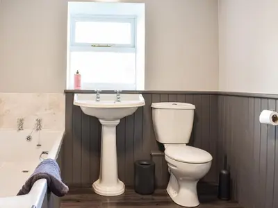 a bathroom with a toilet and a sink and a window at Wallthwaite Cottage in Threlkeld