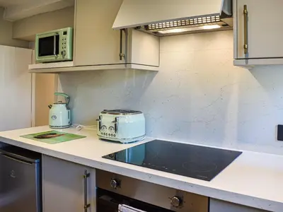 a kitchen with a stove and a toaster on a counter at Wallthwaite Cottage in Threlkeld