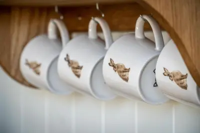 a row of white tea cups with bulls on them at Scalderskew Shepherds Hut in Gosforth