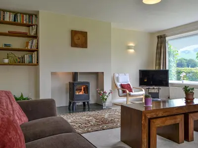 a living room with a couch and a fireplace at Fell View in Lorton