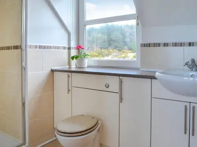 a bathroom with a toilet and a sink and a window at Knockinaam House in Colfin