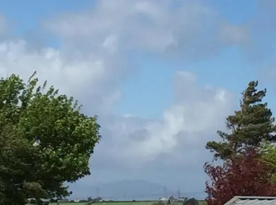 two trees in a field with a blue sky at Lake District Western 2-Bed Cabin Pet Friendly in Wigton
