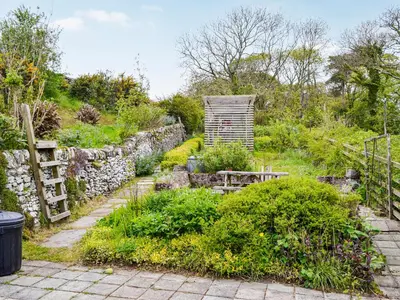 a garden with a stone wall and a wooden fence at Rosebank Cottage in Borgue