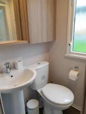 a bathroom with a white toilet and a sink at Coral Cabin in Kippford