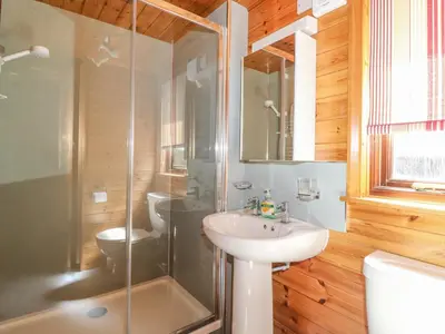 a bathroom with a shower and a sink and a toilet at Robin's Nest in Keswick