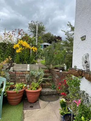 a garden with many pots of plants and flowers at Dale View bed & breakfast in Holmrook