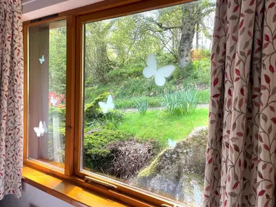 a window with a view of a garden with butterflies at Beautiful 3BR Lodge - Stunning Beach and Golf Location - Pass the Keys in Dalbeattie