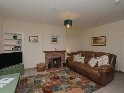a living room with a couch and a fireplace at Lucys cottage in Canonbie