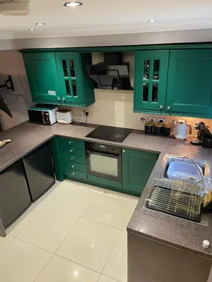 a green kitchen with green cabinets and a sink at Flosh Cottage Lake District in Cleator