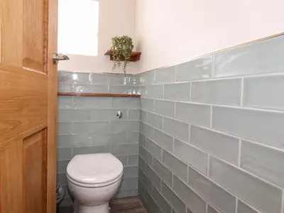 a bathroom with a toilet and blue tiles at Dovestones in Keswick